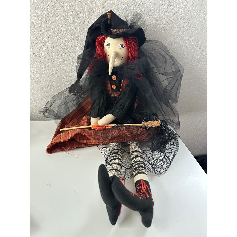 Vintage Primitive Halloween Witch Doll Shelf Sitter - Red Yarn Hair & Broom 24"